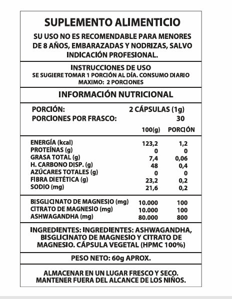 Lleva DOS por $32.000 / Ashwagandha + Magnesio 1000mg 60 cápsulas.