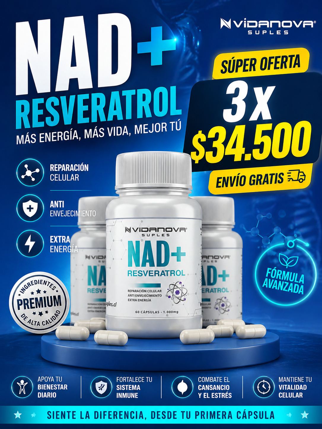 ¡SÚPER OFERTA!  TRES NAD+ RESVERATROL 1000MG 60 CAPS POR $34.500